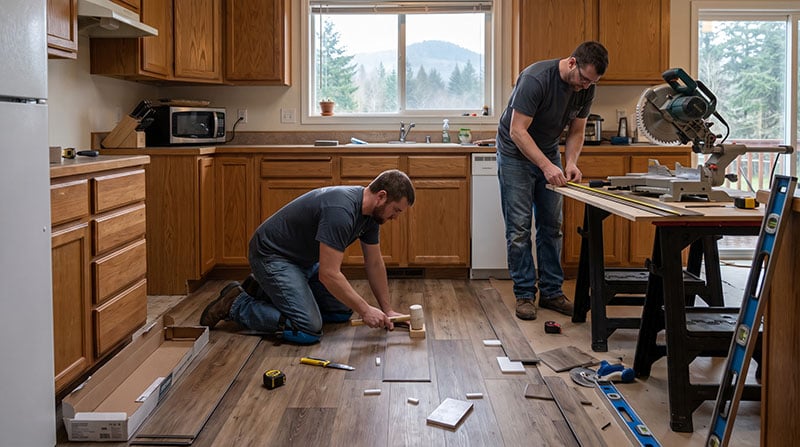 Two men replacing hard wood flooring.