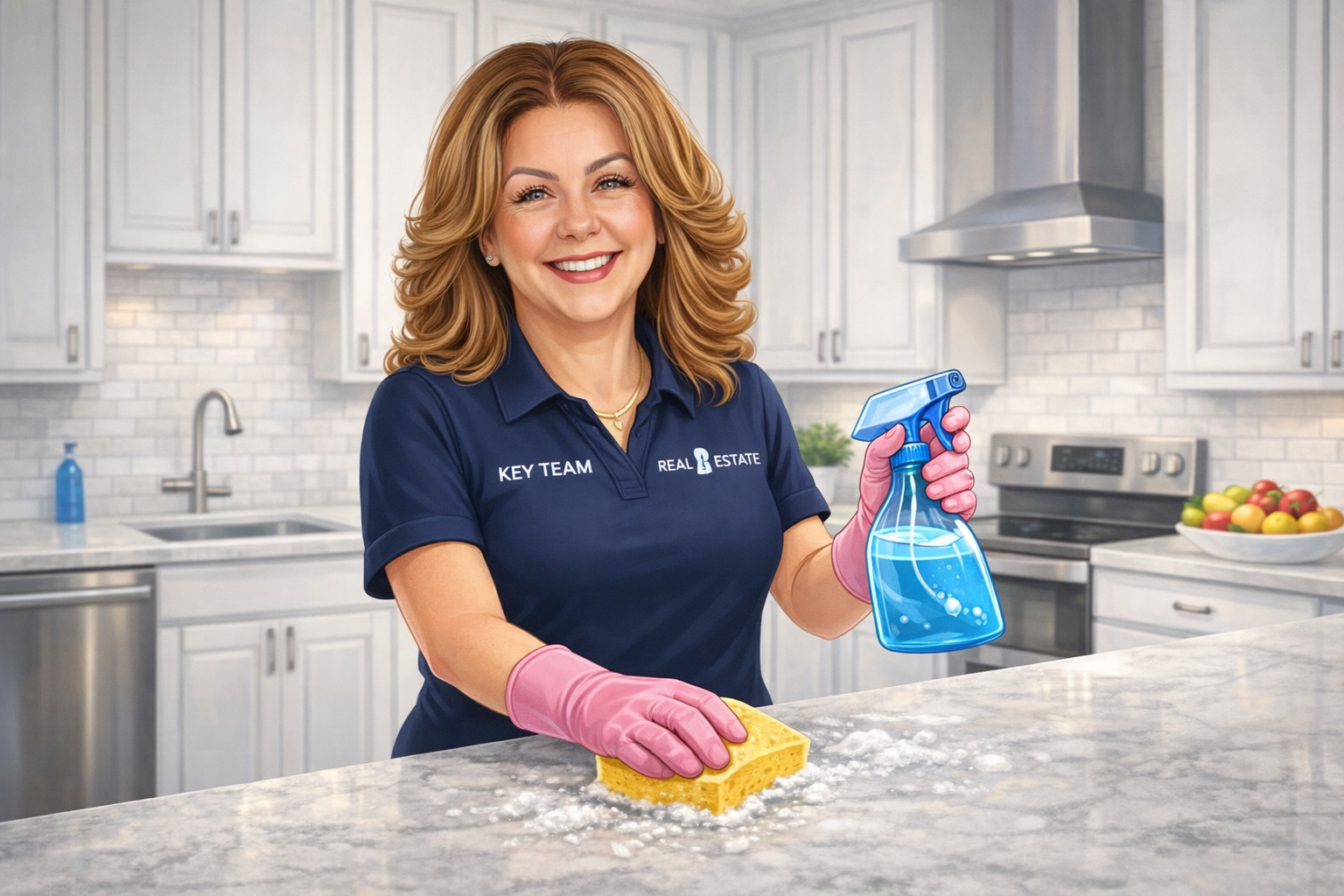 Smiling woman cleaning kitchen countertop