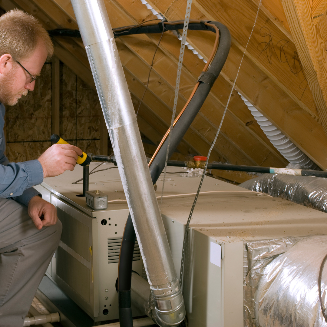 Home inspector examining a crawl space and mechanical systems in a Savannah Lakes Village home during winter