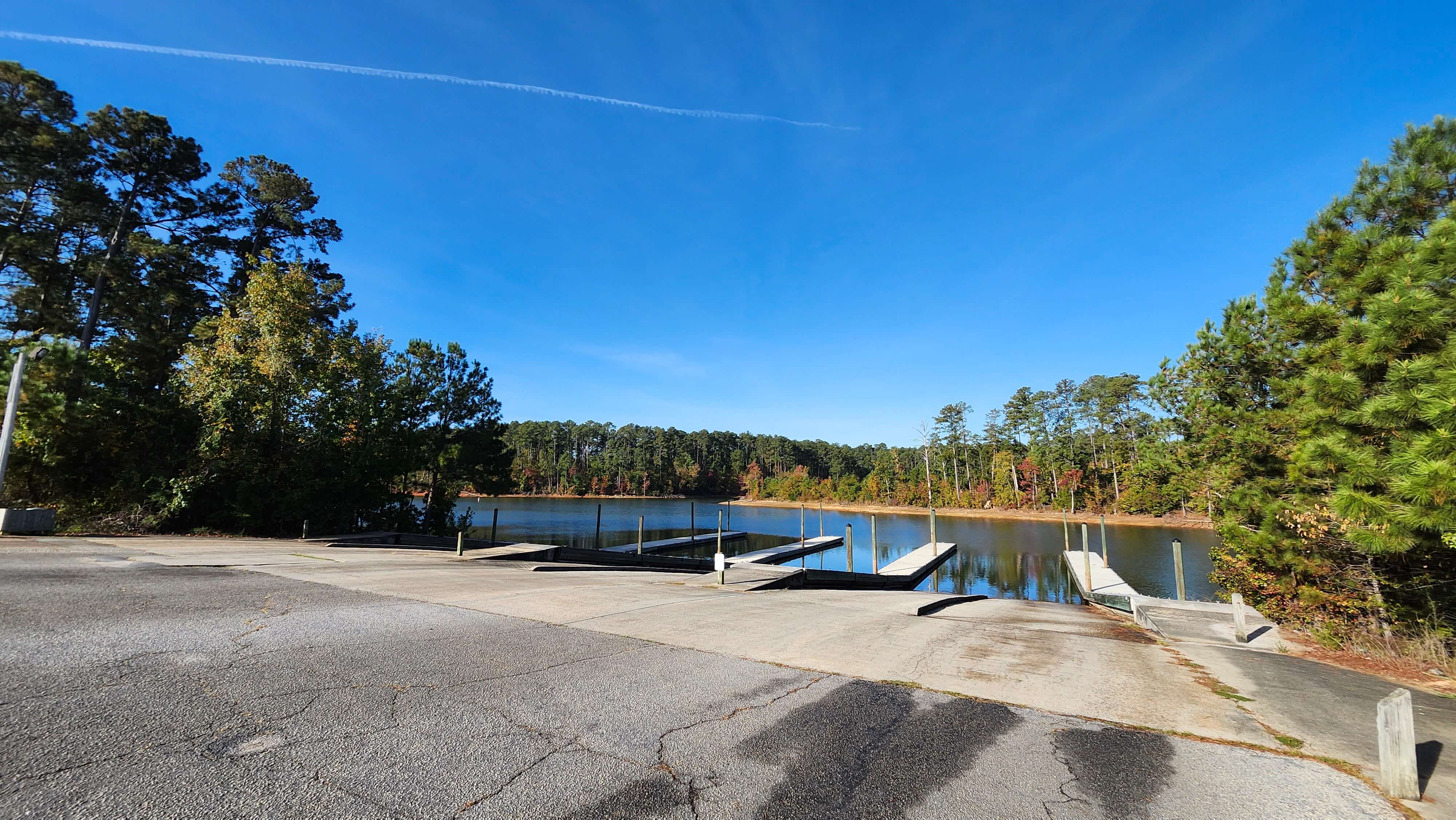 Concrete boat ramp with courtesy dock and ample trailer parking at Lake Thurmond