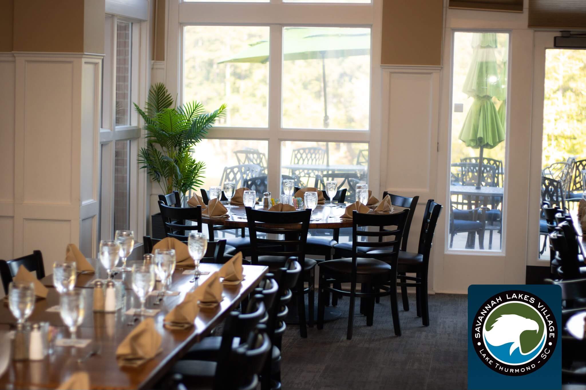 Lake views from the patio and inside the River Grille in Savannah Lakes Village