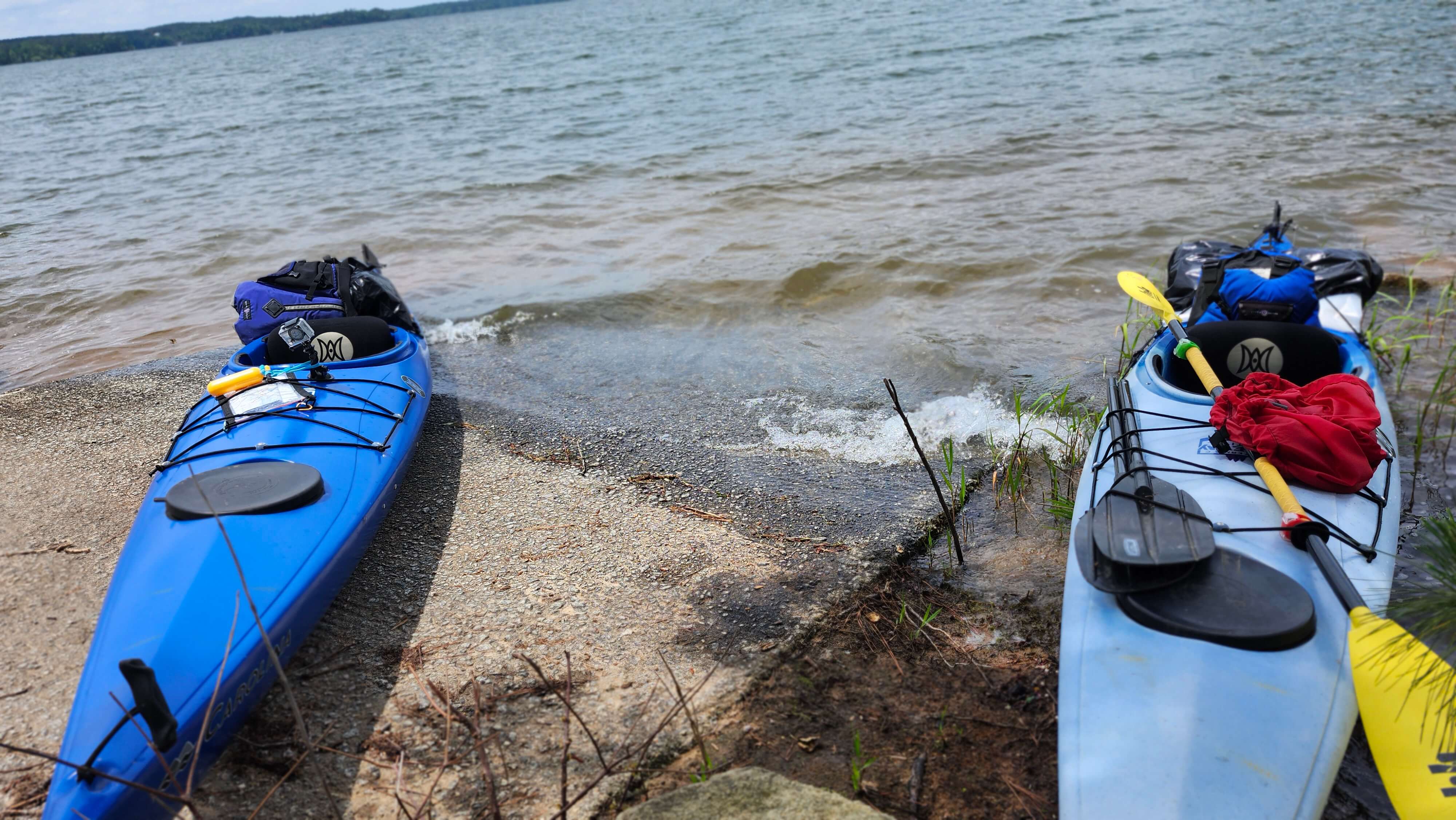 Blue kayaks on the shore of Lake Thurmond near Savannah Lakes Village South Carolina