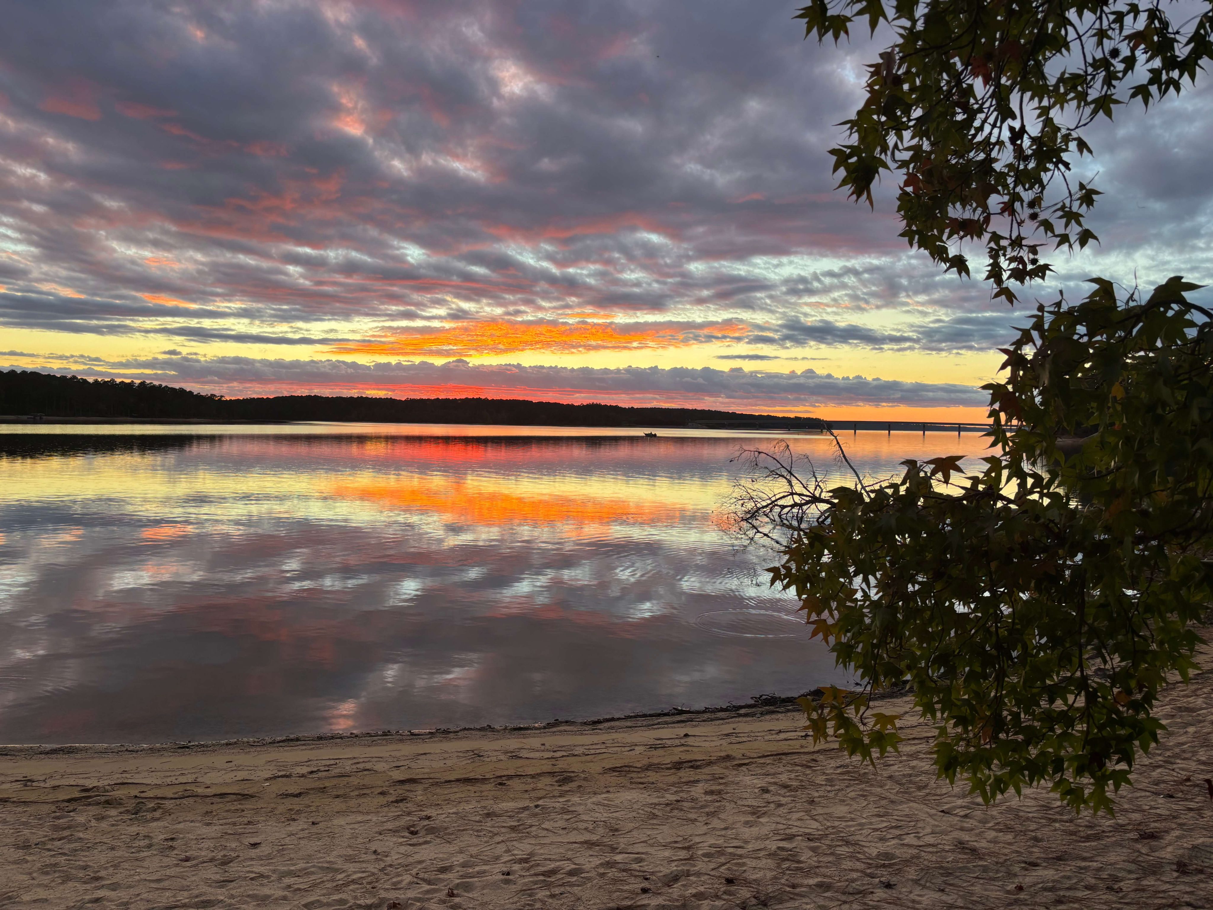 Sunset over Lake Thurmond reflecting colorful skies on the water near McCormick South Carolina