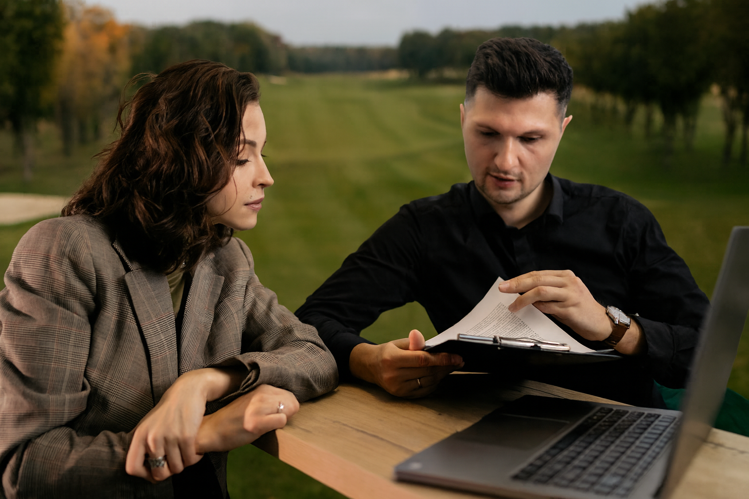 Couple reviewing downsizing plans while overlooking Lake Thurmond in Savannah Lakes Village