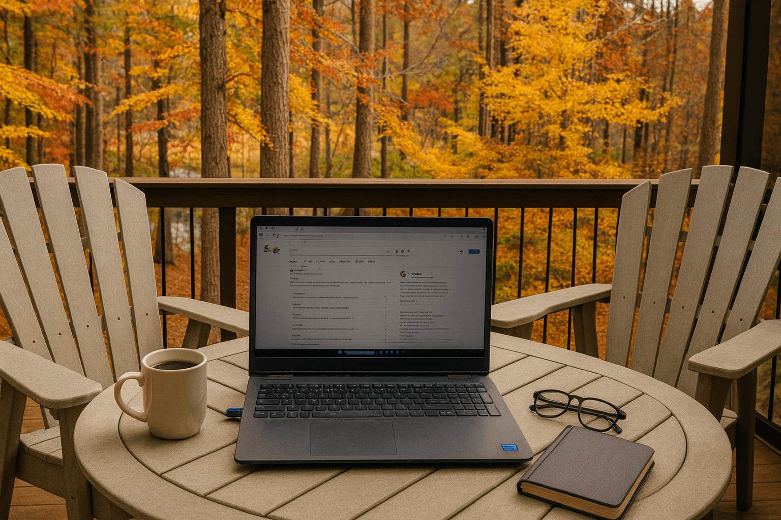 Resident working remotely on a laptop with a view of Lake Thurmond