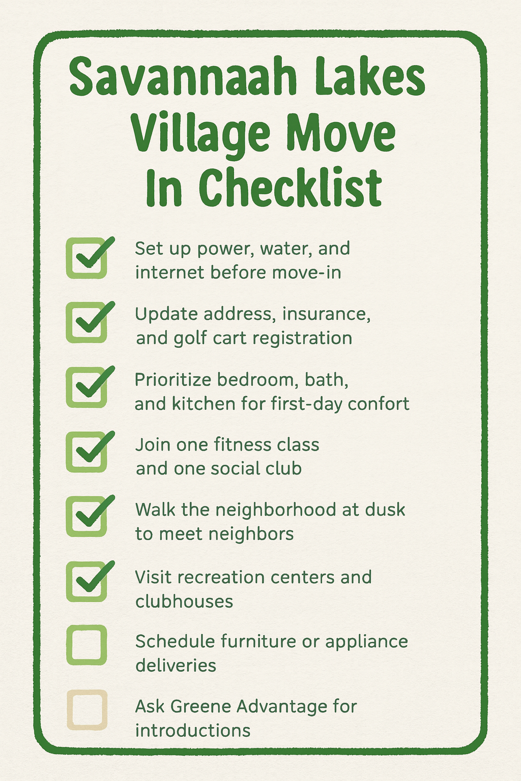 New homeowner move in checklist in Savannah Lakes Village