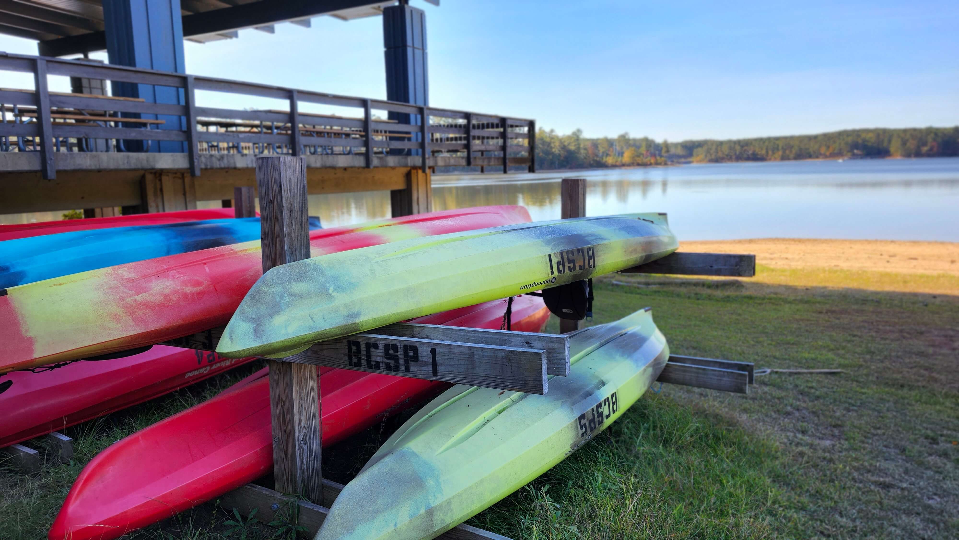 Lakefront park setting with kayak racks, beach and pine trees near Lake Thurmond