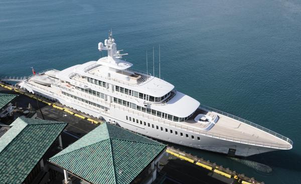 The Musashi, a super yacht belonging to the billionaire owner of Lanai, Oracle Corp. CEO Larry Ellison, arrived in Hawaii over the weekend and is scheduled to stay docked at Aloha Tower in Honolulu Harbor through June.