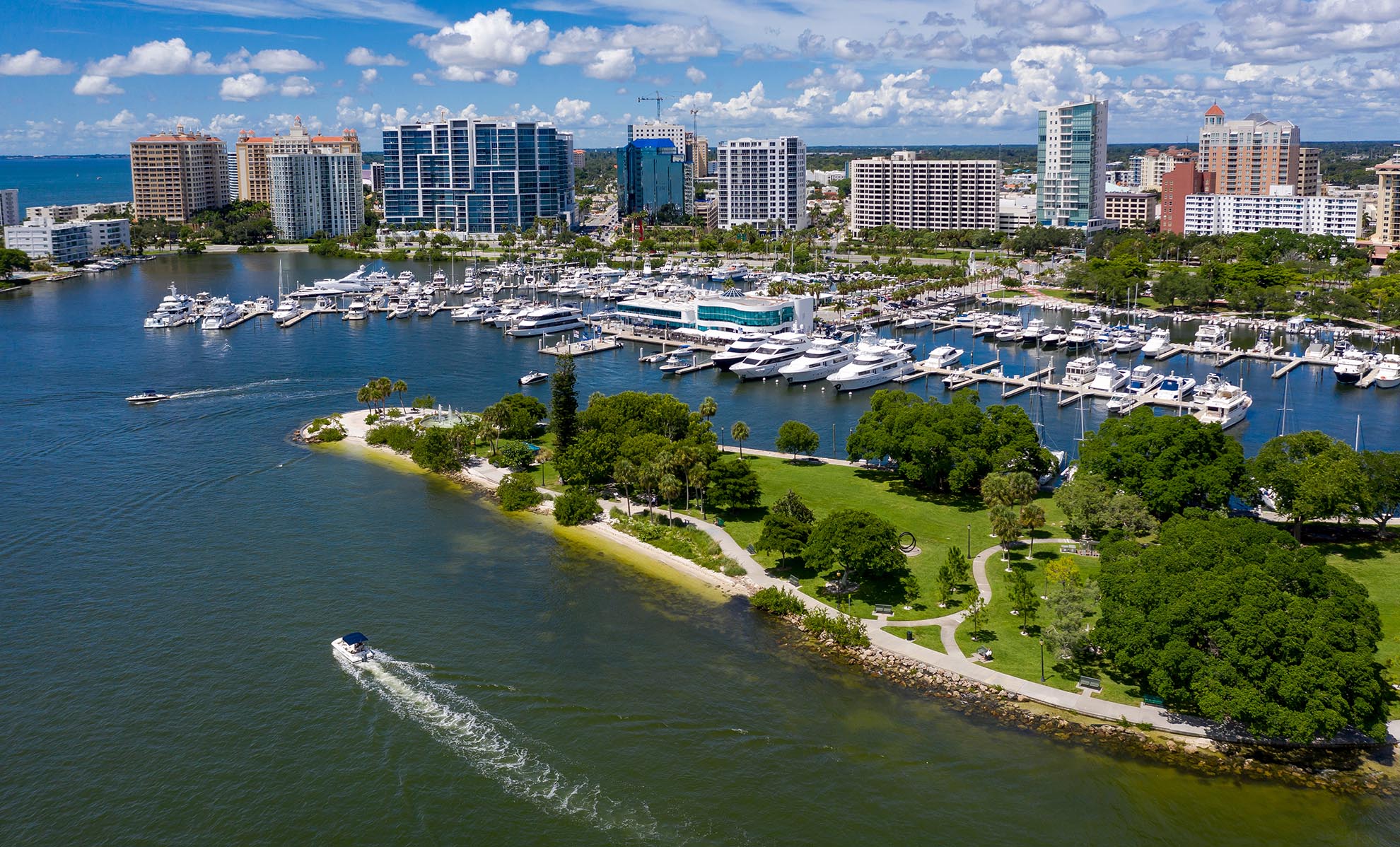 Bayfront Park and Marina Jack with Sarasota skyline