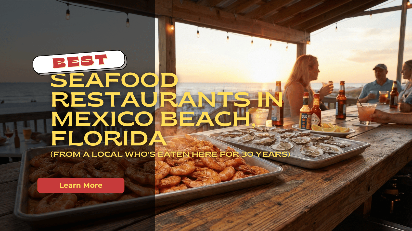 A plate of seafood with shrimp and oysters at a restaurant bar overlooking the beach sunset