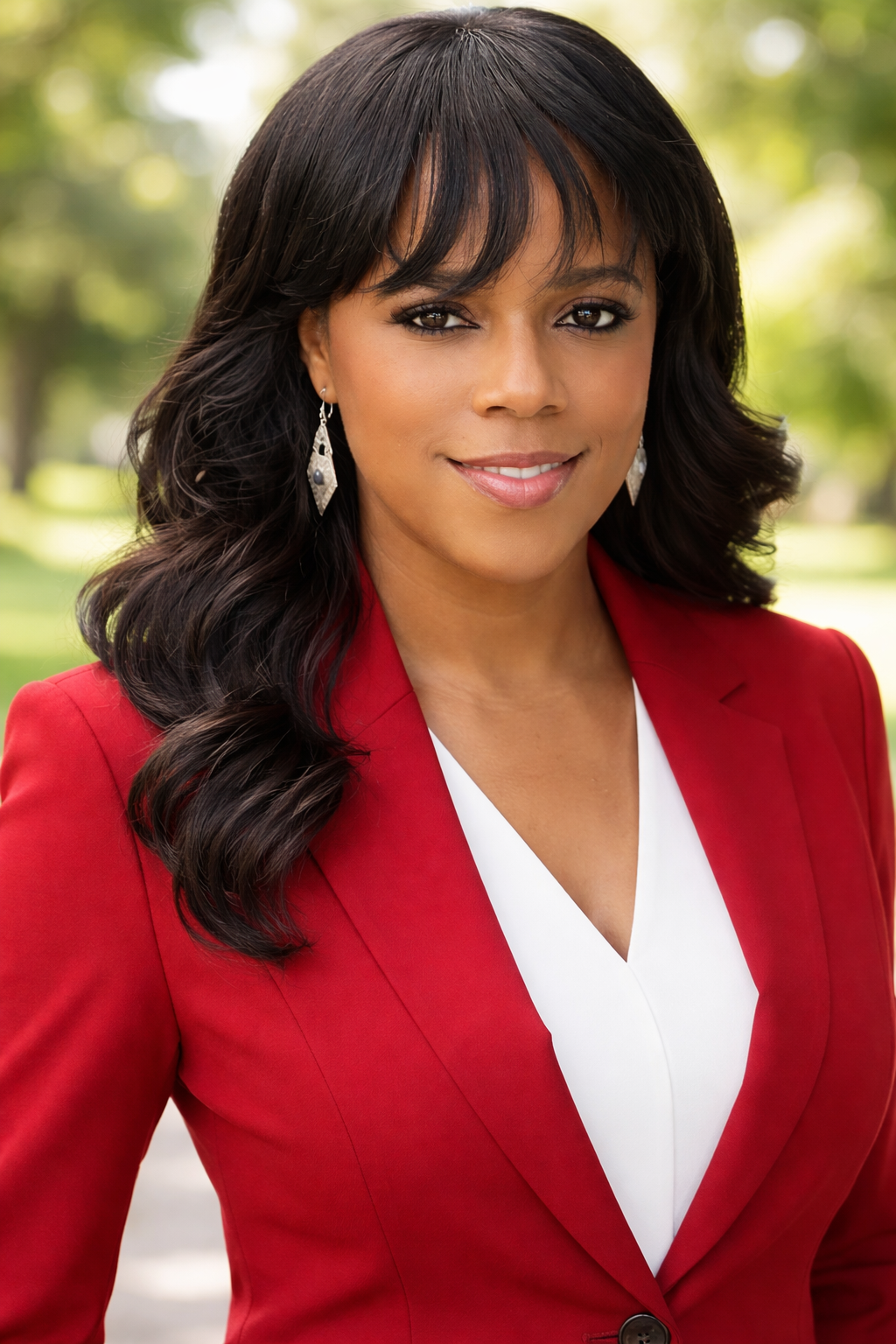 Aniela Moise headshot in a park with a slightly blurred background