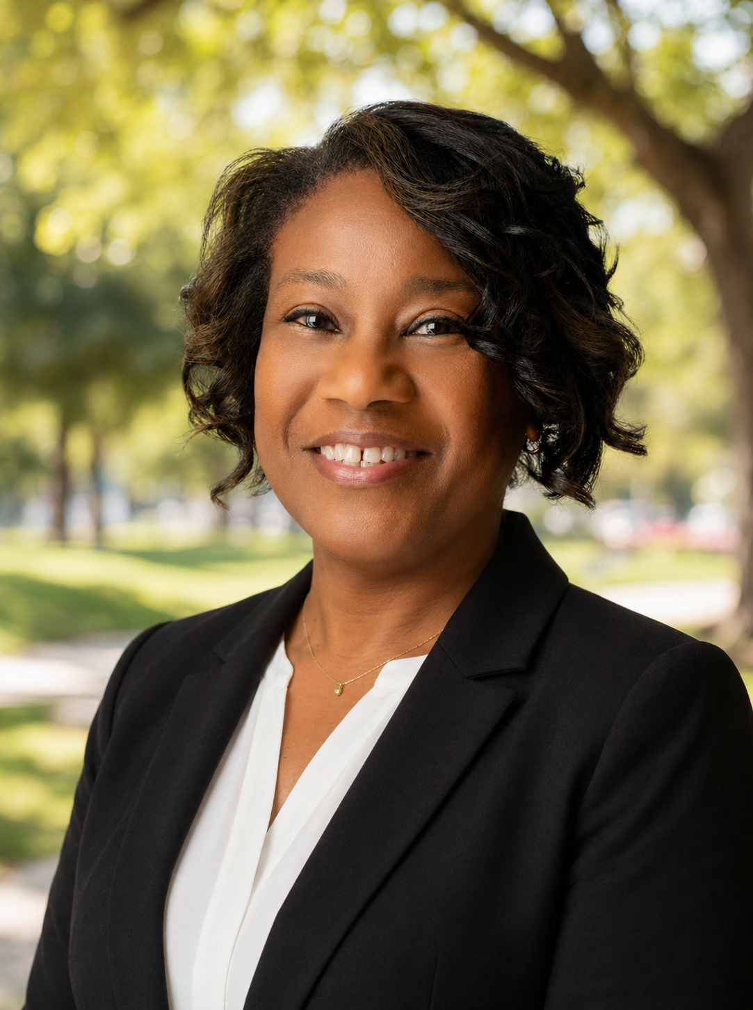 Camille Lewis headshot in a park with a slightly blurred background