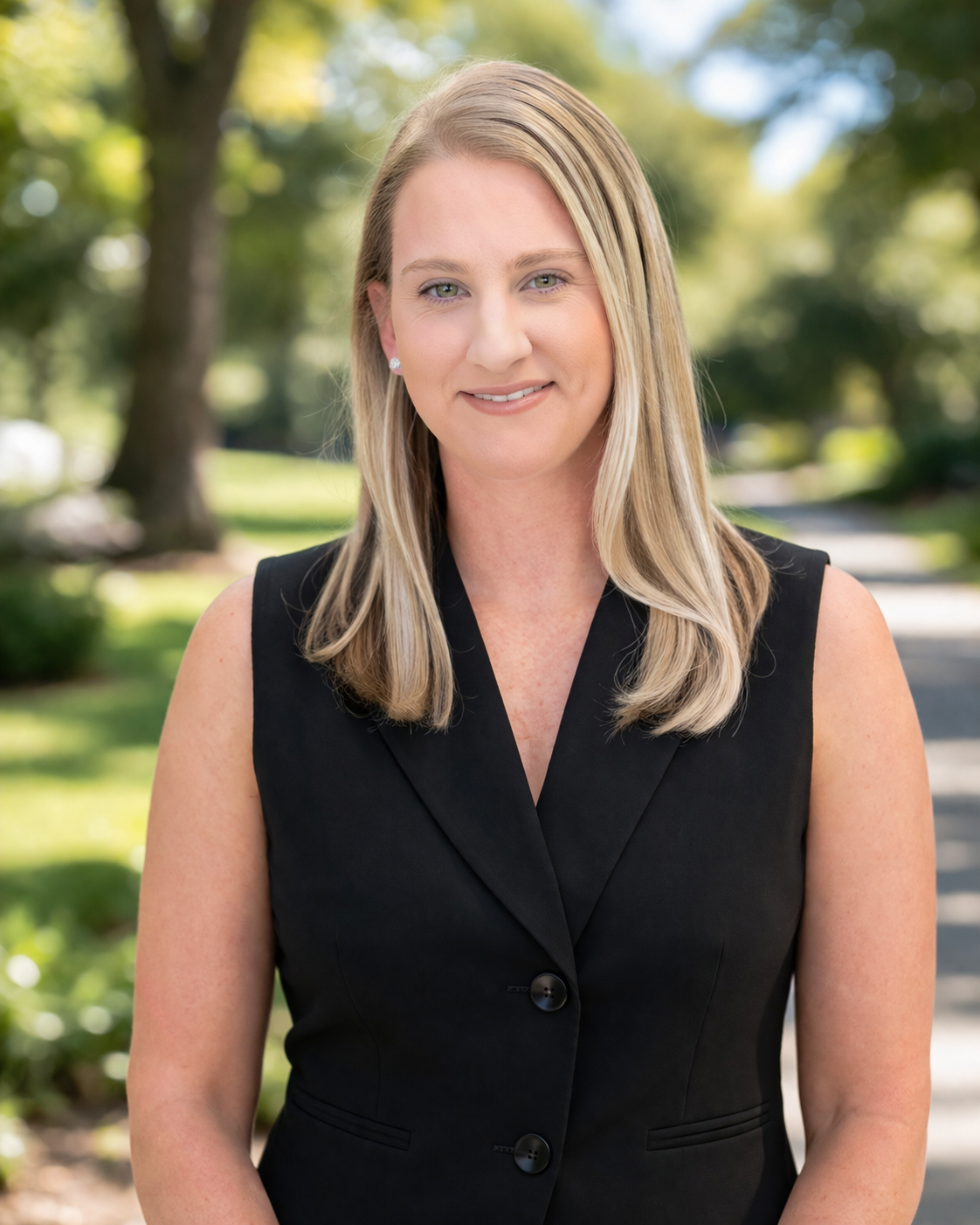 Rebekah Lanier headshot in business professional outfit in a park with a slightly blurred background