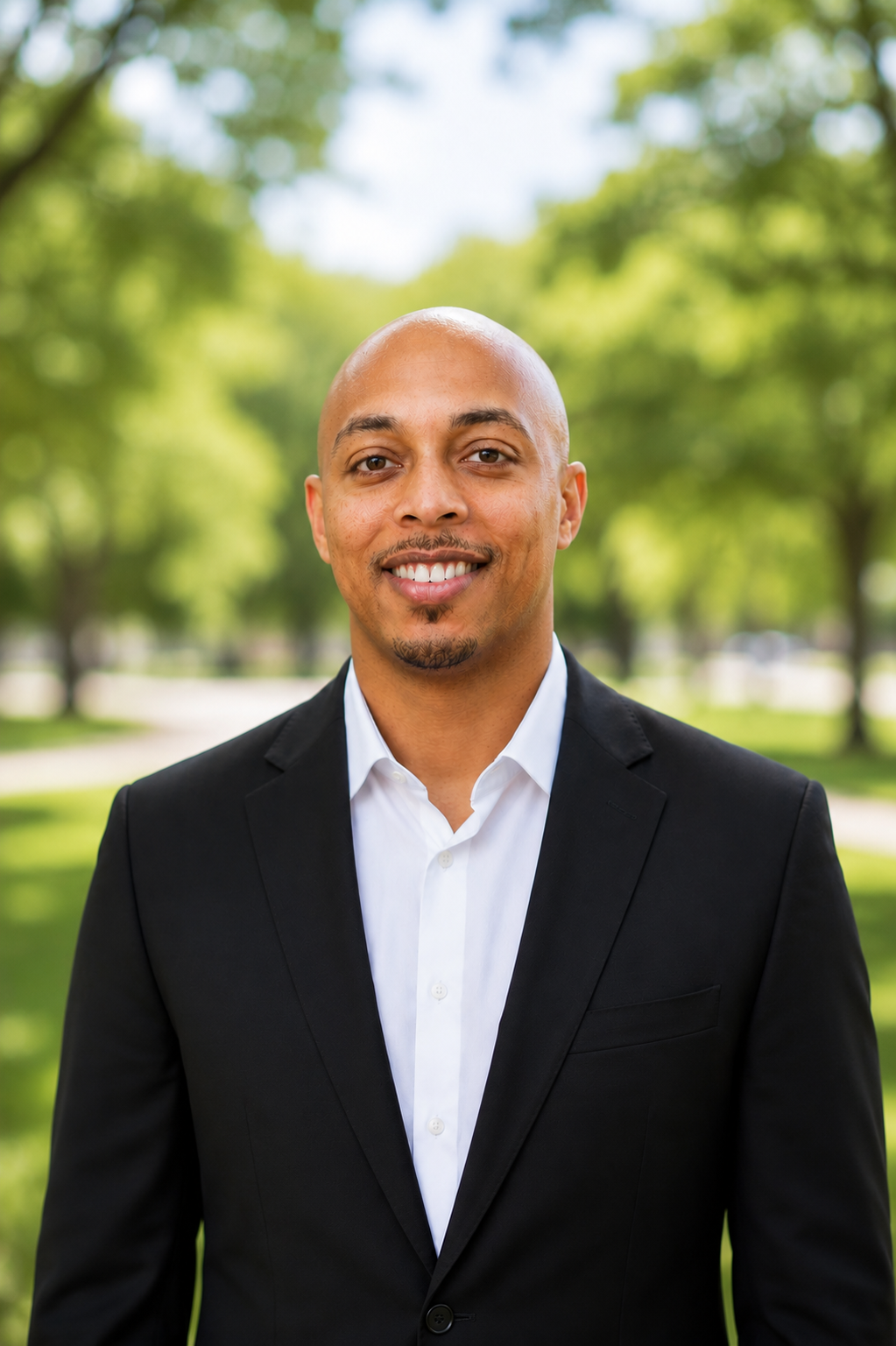 Jordan Daniels headshot in a park with a slightly blurred background