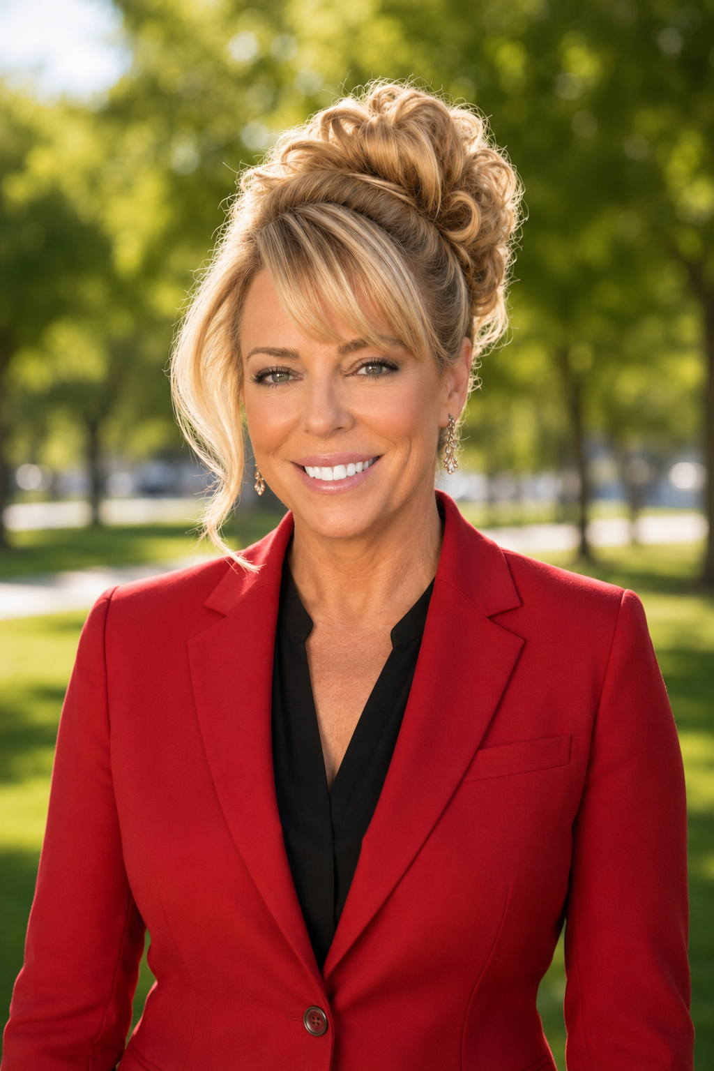 Kelly Monroe headshot in a park with a slightly blurred background