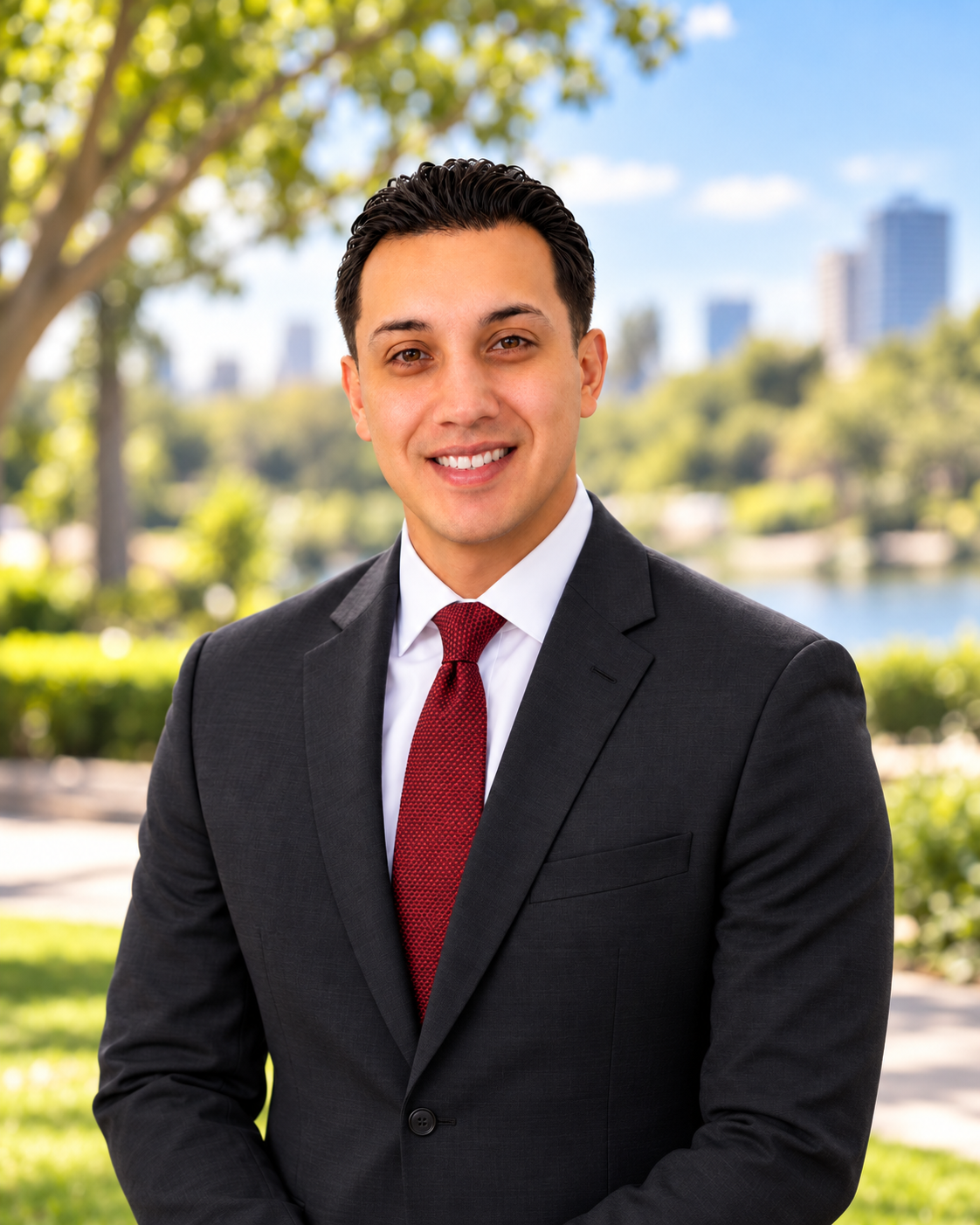 Milton Castillo headshot in a park with a slightly blurred background