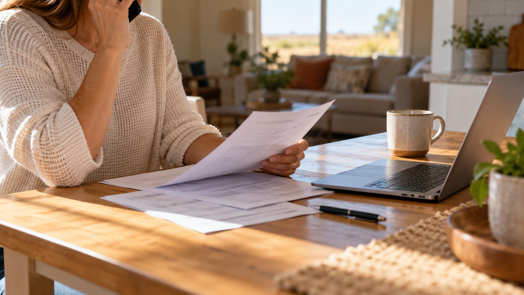 Homebuyer reviewing mortgage paperwork while speaking on the phone with a laptop nearby.
