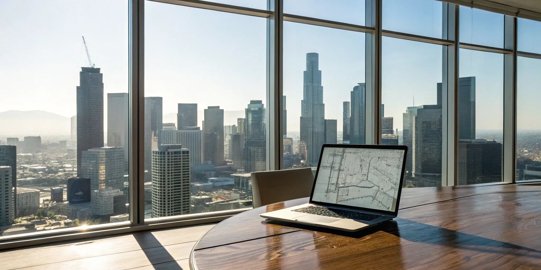 Researching how to buy commercial property on a laptop in a high-rise office.