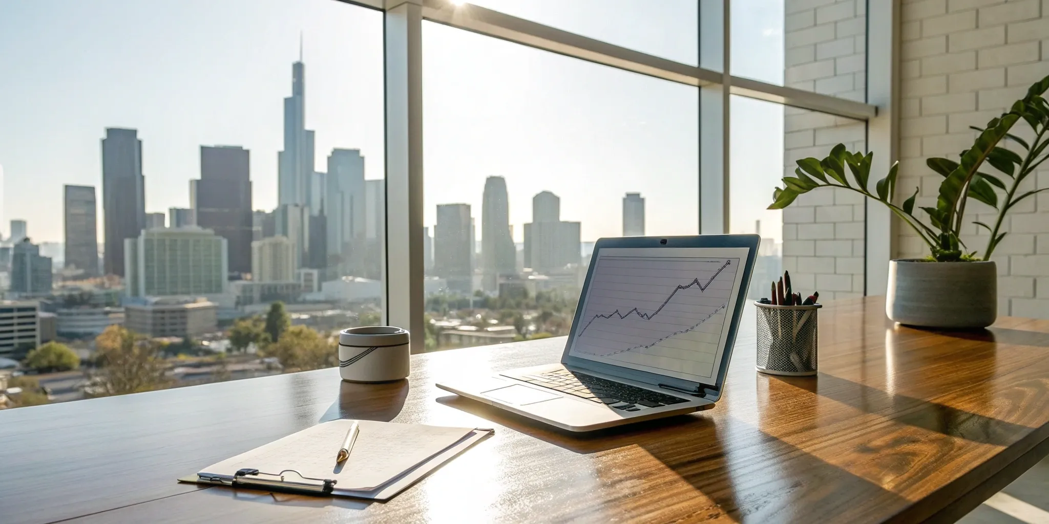 A real estate investment advisor uses a laptop with a rising graph to plan a successful city investment.