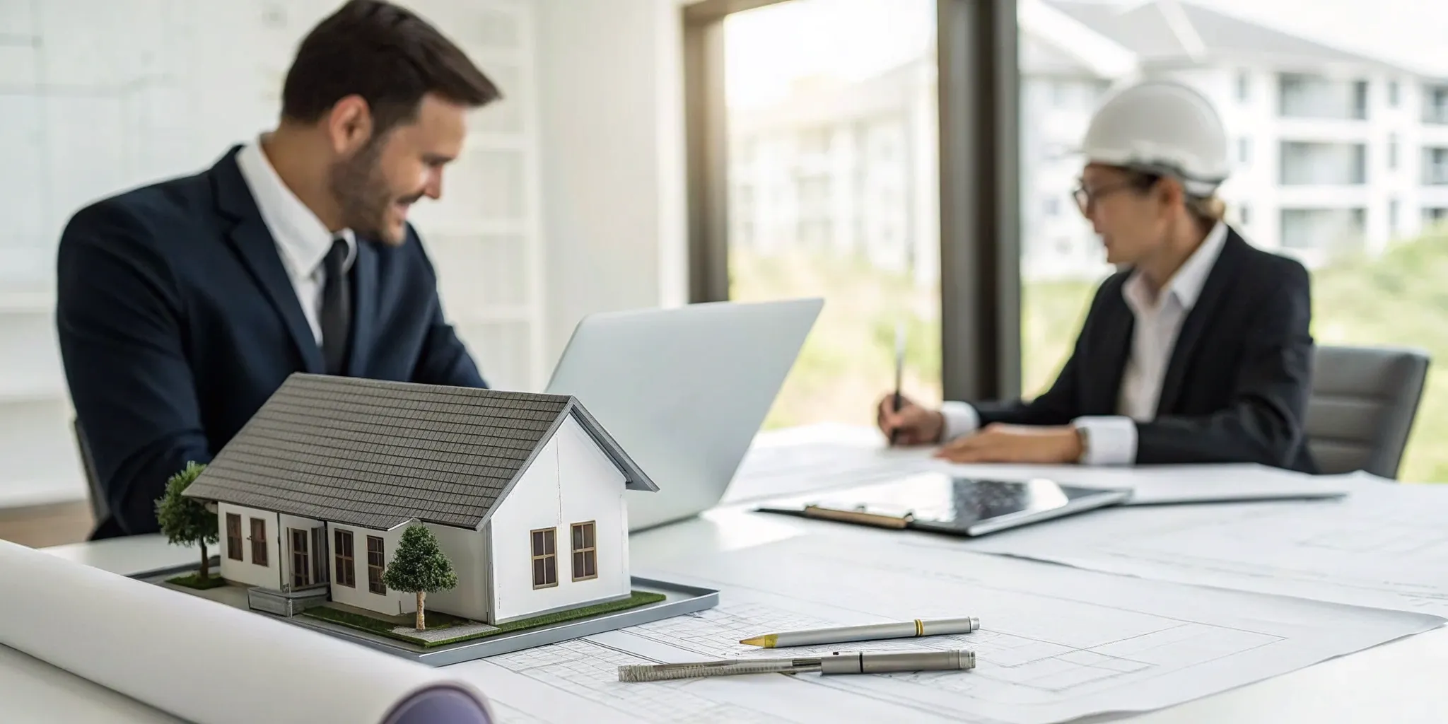 Investors reviewing architectural plans for buying a commercial property under an LLC.