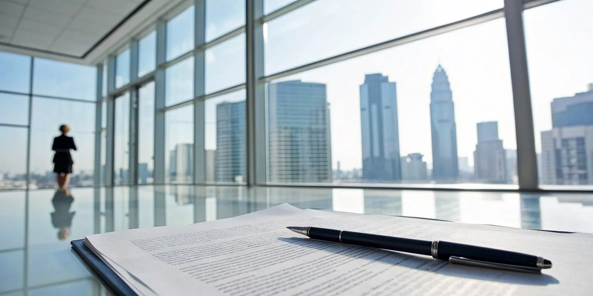 Businesswoman reviewing documents for buying and selling commercial property in a city office.