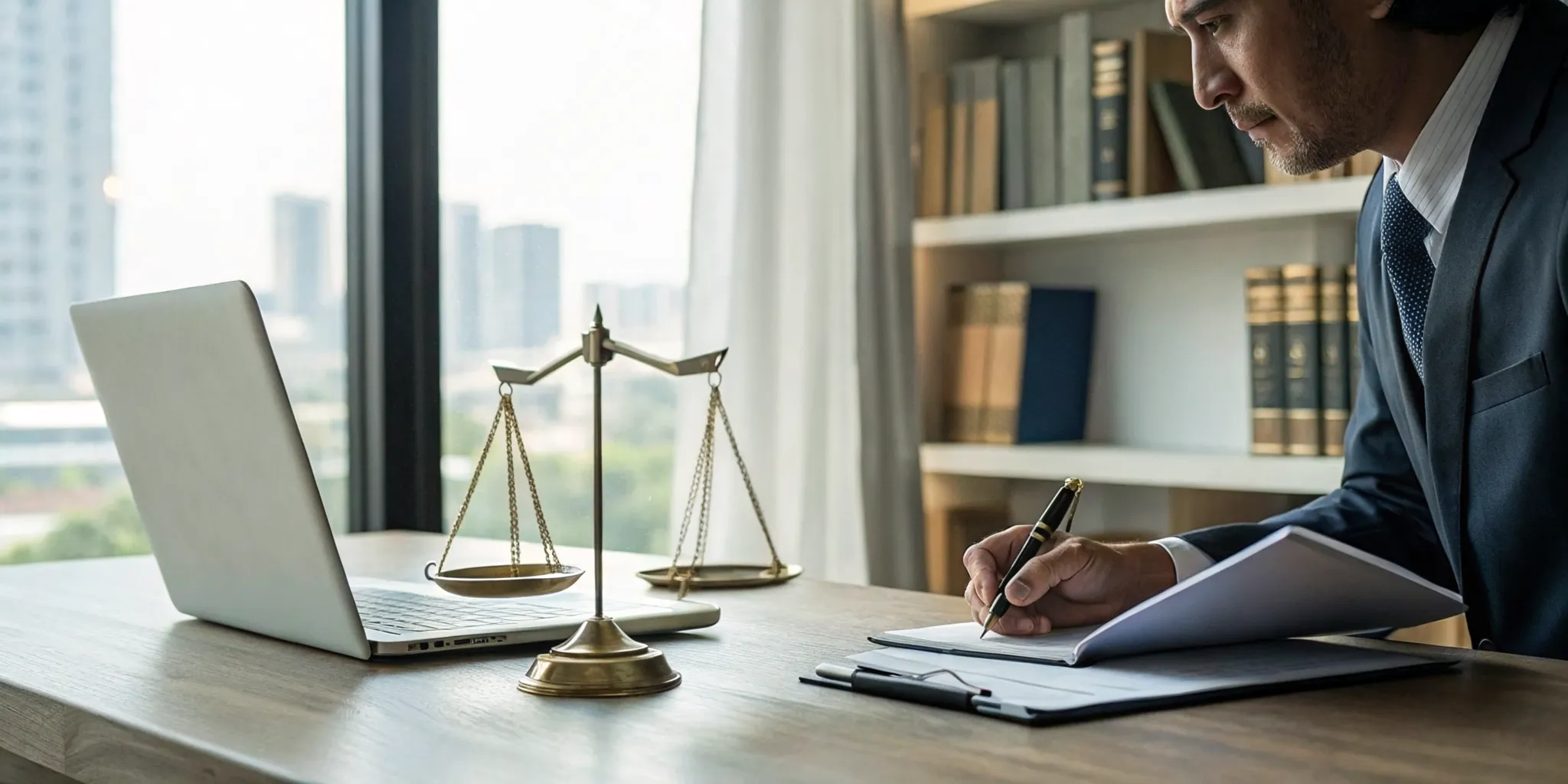 A lawyer at a desk with legal scales, determining if a real estate consultant needs a license.