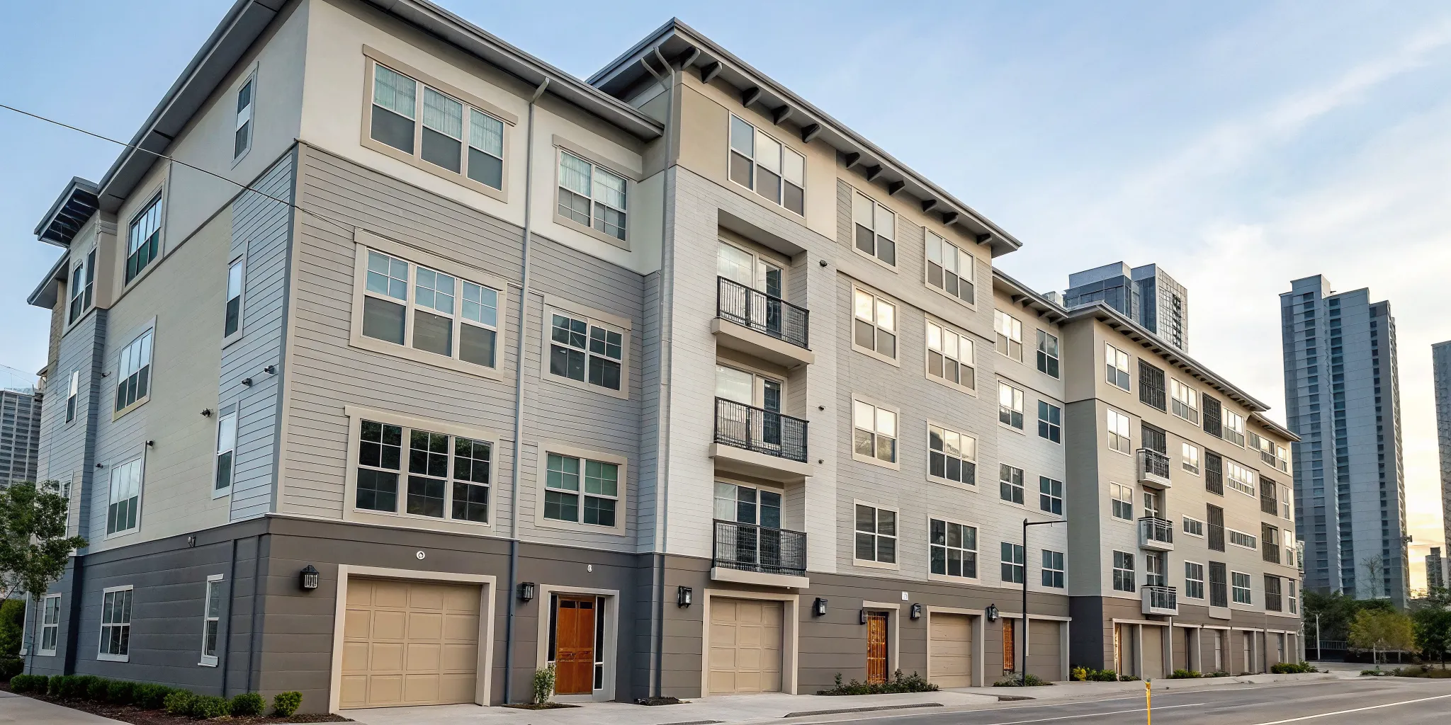 A mid-rise apartment building showing how many apartments are on each floor.