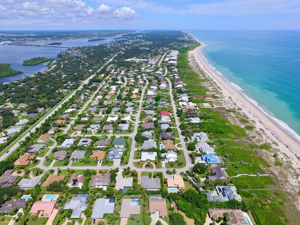 Aerial view of Castaway Cove between the Atlantic Ocean and Indian River Lagoon