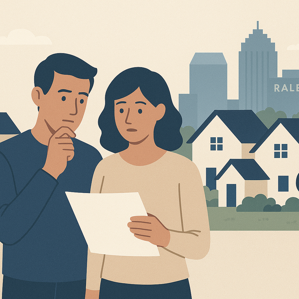 Illustration of homebuyers in Raleigh NC reviewing a potential real estate offer with Raleigh skyline and suburban homes in the background, representing the decision-making process of buying a home in the competitive Triangle housing market.