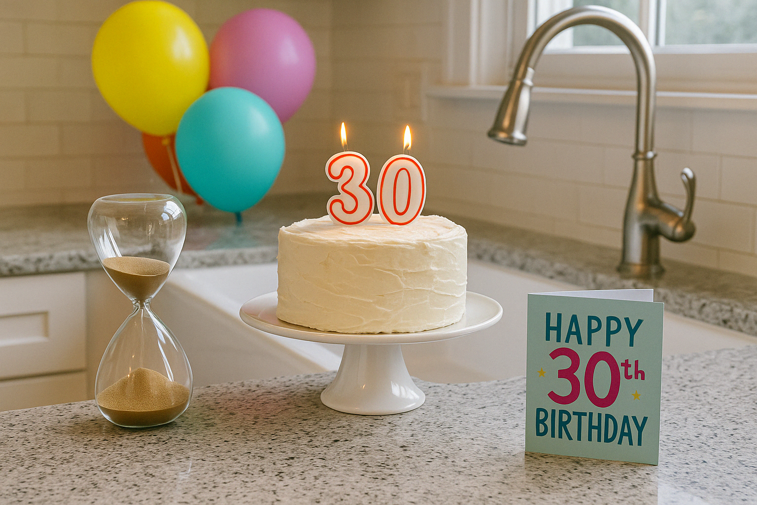 Hourglass on granite kitchen countertop beside a vanilla birthday cake with lit “30” candles, colorful balloons, a farmhouse sink, and a 30th birthday card—symbolizing delayed homeownership, renting in your 30s, and the perfect timing to buy a first home in today’s real estate market.
