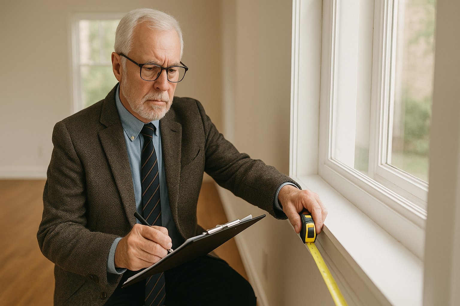 A professional appraiser with gray hair and a beard measures the interior of a bright, neutral-toned room using a yellow tape measure. Dressed in a brown blazer and blue shirt with a tie, he takes notes on a clipboard, surrounded by natural light and hardwood floors.