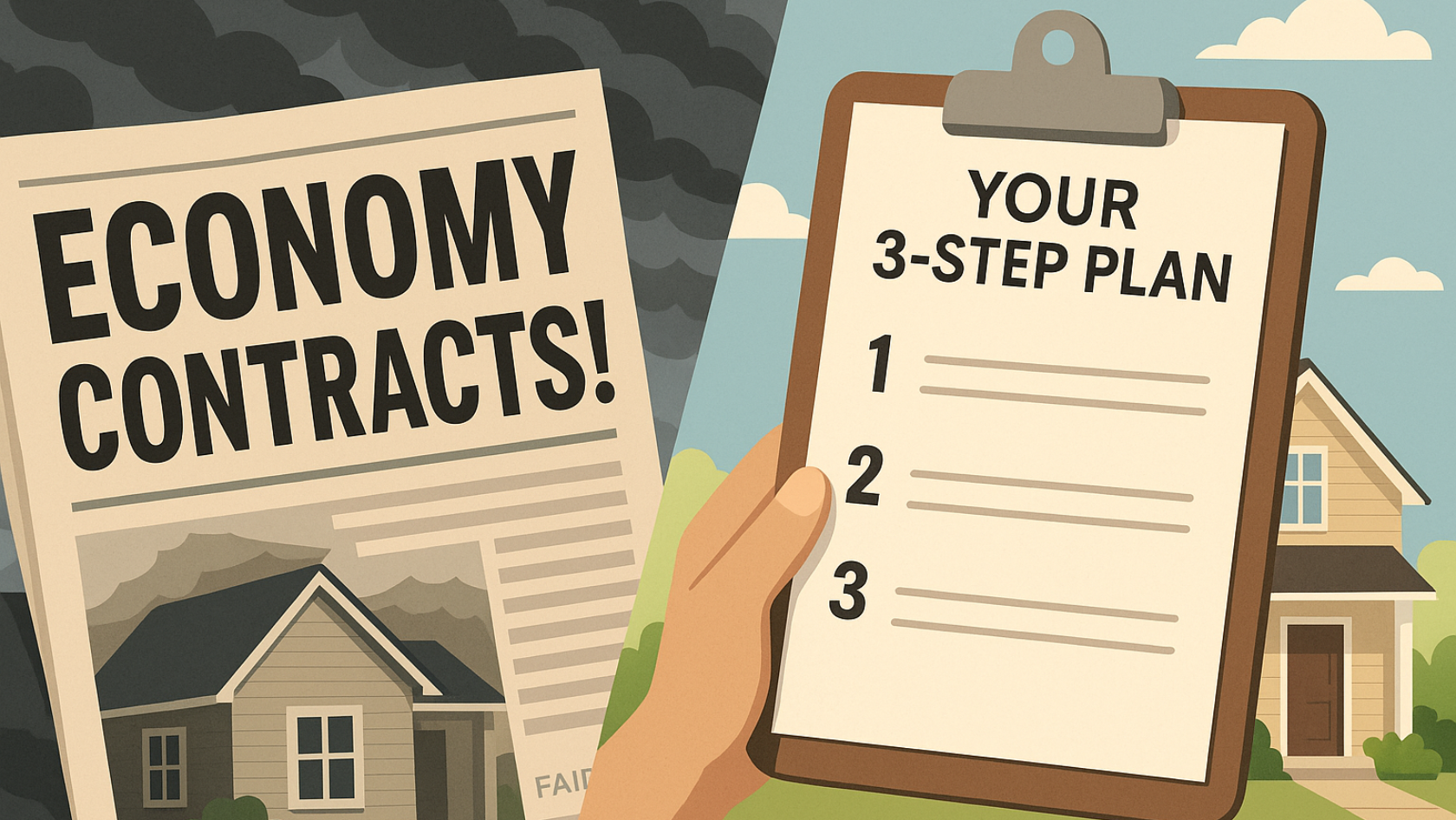 Illustration showing "Economy Contracts" headline beside a "3-Step Plan" clipboard and a home, representing a strategic real estate plan for homeowners and sellers navigating a housing market downturn during an economic contraction.