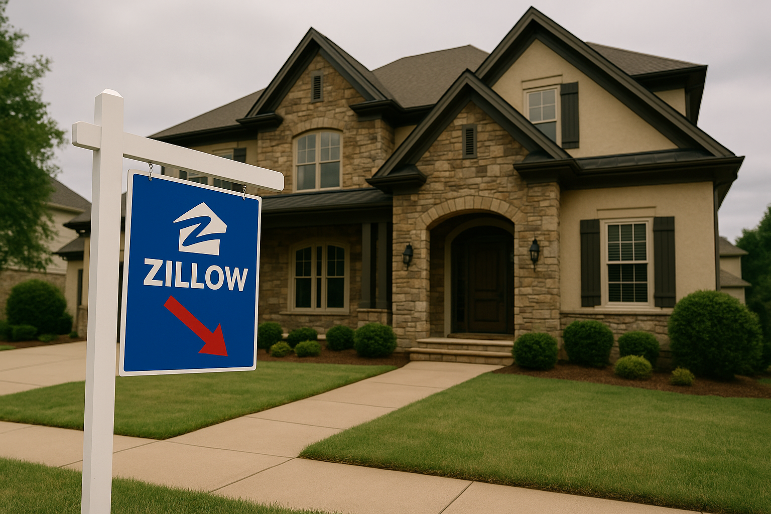 Luxury two-story home with stone and stucco exterior sits behind a white yard sign featuring the Zillow logo and a red downward arrow, symbolizing declining home price forecasts in 2025; illustrates market trends affecting high-end real estate in the Raleigh-Durham and greater Triangle NC housing market.
