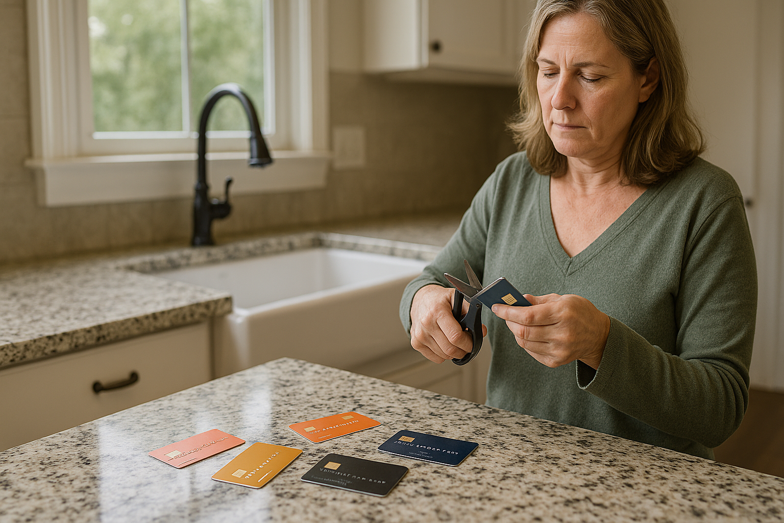 A realistic photo of a middle-aged Caucasian woman cutting a credit card with scissors at a granite kitchen countertop. Several other credit cards are scattered on the counter. A white farmhouse sink and large window in the background suggest a modern, debt-free lifestyle. The image reflects themes of financial independence, eliminating debt, and responsible money management in a North Carolina home setting.
