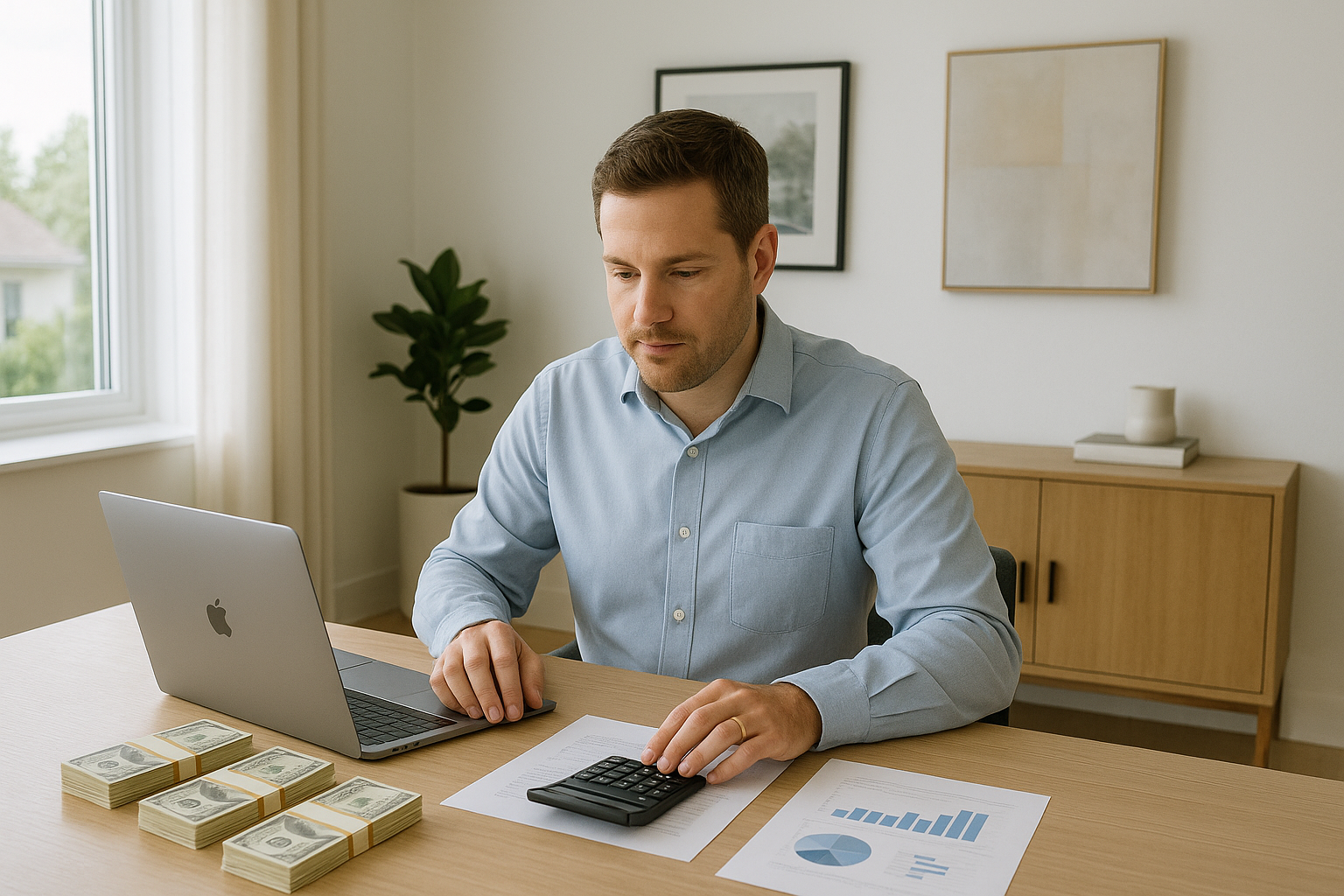 A focused Caucasian man in his mid-30s calculates mortgage savings in a modern home office, surrounded by financial documents, a MacBook laptop, and stacks of hundred-dollar bills on his desk, illustrating early mortgage payoff strategies for homeowners.