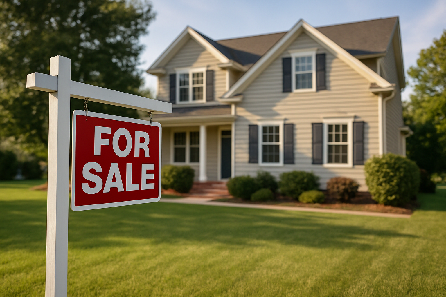 A high-resolution digital photo of a two-story beige home with white trim and black shutters, featuring a lush green lawn and mature landscaping, captured on a sunny day. A red "For Sale" sign stands prominently in the foreground, symbolizing opportunity in today’s real estate market. Ideal for blog content on buying homes in Raleigh, Durham, and the Triangle area during uncertain economic conditions.