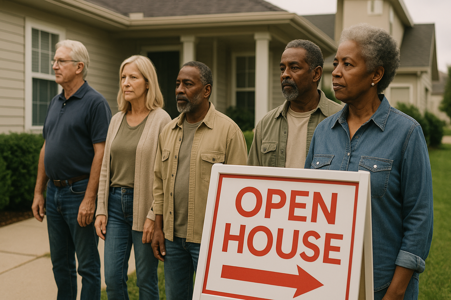 A diverse group of baby boomer homebuyers stands outside a suburban house with an "Open House" sign in the foreground, representing the surge of boomers driving real estate activity across Raleigh, Durham, Cary, and the greater Triangle NC housing market in 2025. Image May 5, 2025, 12_29_28 PM