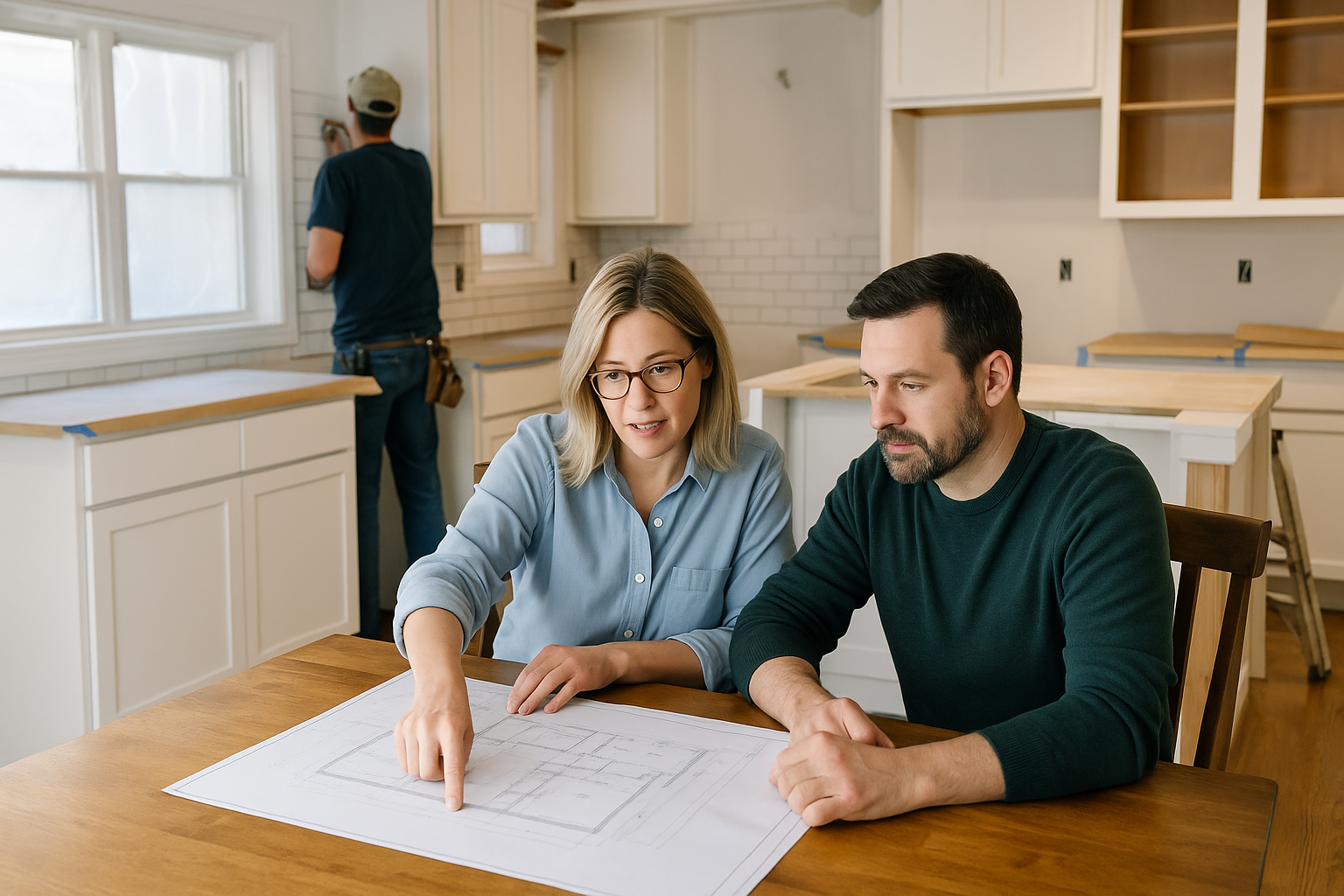 Realistic image of a home renovation project showing a couple reviewing blueprints at a kitchen table while a contractor installs tile backsplash in a partially renovated kitchen—ideal for blogs on high-ROI home improvements and remodeling trends in North Carolina's real estate market.