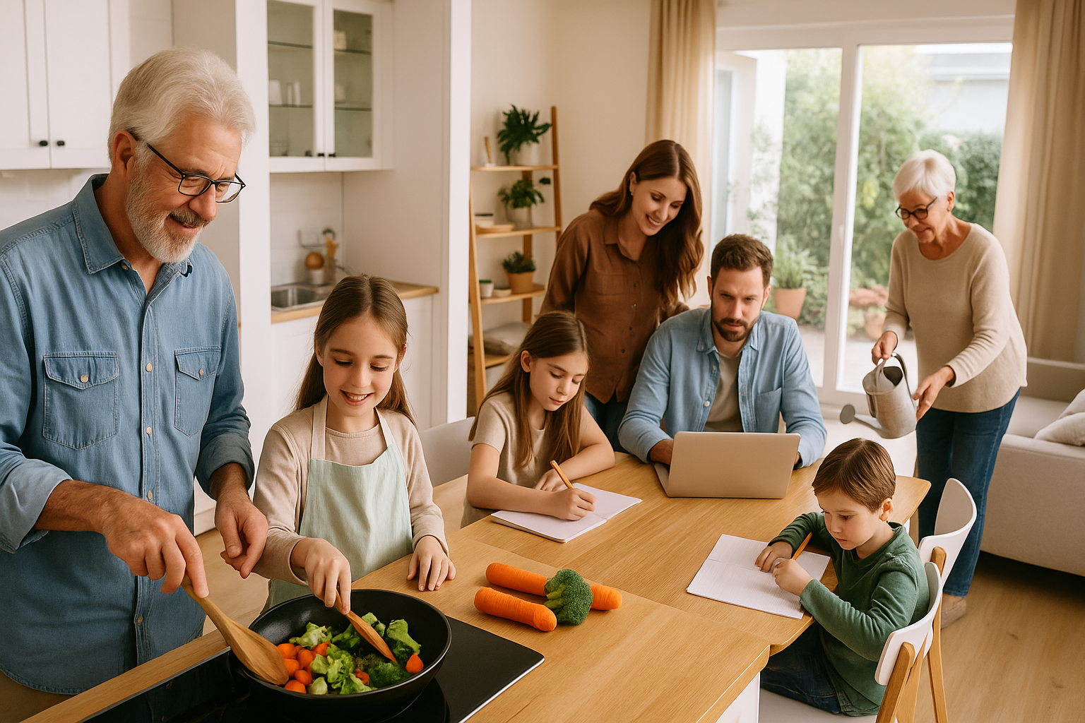 High-resolution photo of a multigenerational American family enjoying time together in a bright, modern home—grandfather cooking with granddaughter, parents helping children with homework, and grandmother watering plants—perfect for illustrating multigenerational living trends in real estate blogs focused on North Carolina housing.
