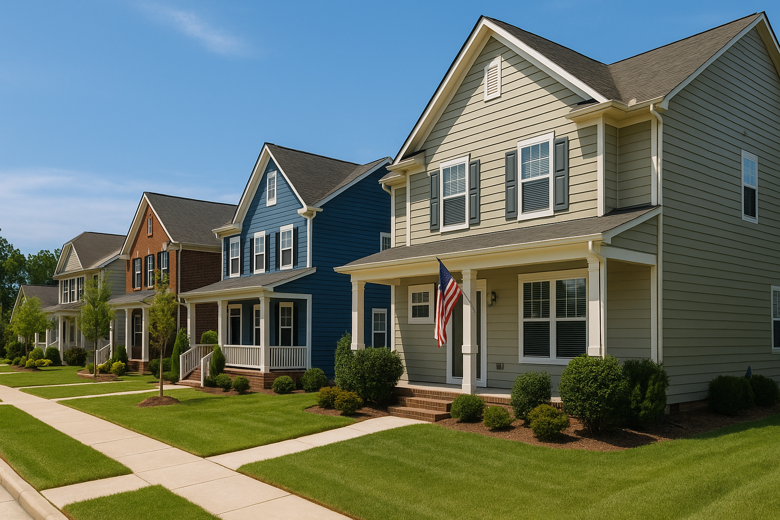 High-resolution image of a row of modern single-family homes in a Raleigh, NC suburban neighborhood, showcasing well-maintained lawns, clean sidewalks, and classic southern architecture—ideal for illustrating the fast-moving Raleigh NC housing market and competitive real estate conditions in 2025.