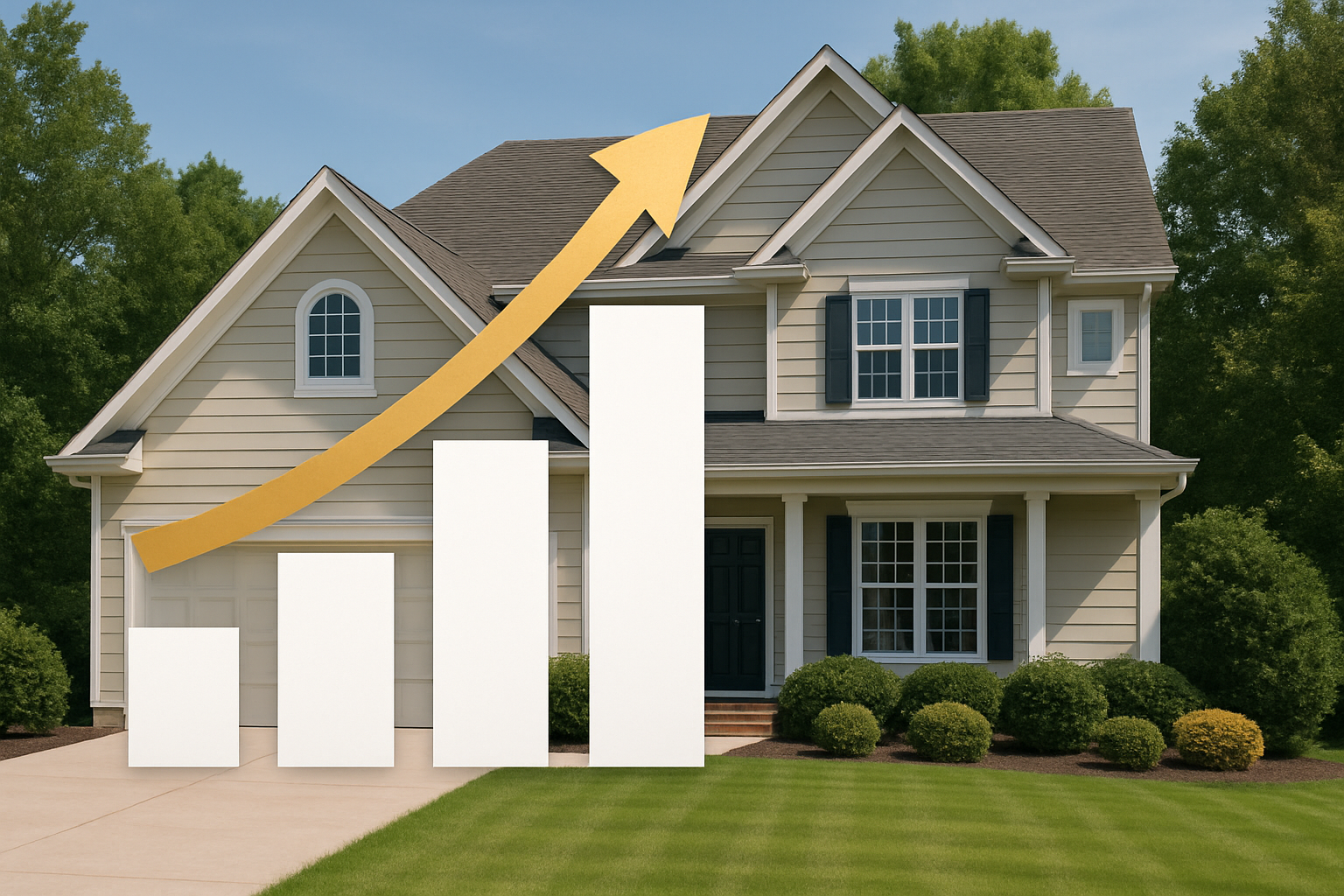 A modern two-story beige home with a clean front lawn and well-maintained landscaping, overlaid with a white bar graph and a gold upward arrow symbolizing rising home equity and property value in the current housing market; ideal visual for a blog about tapping into home equity or using a HELOC in North Carolina.