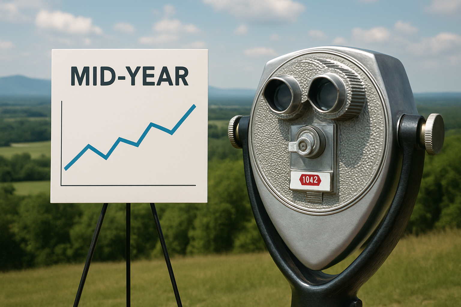 A scenic outdoor image featuring a coin-operated binocular viewer overlooking a lush, green valley with distant mountains under a partly cloudy sky. Positioned beside the viewer is a presentation easel displaying a line graph with upward movement, symbolizing a mid-year housing market forecast or financial outlook. The scene represents perspective, observation, and economic trends without showing any people or text on the graph.