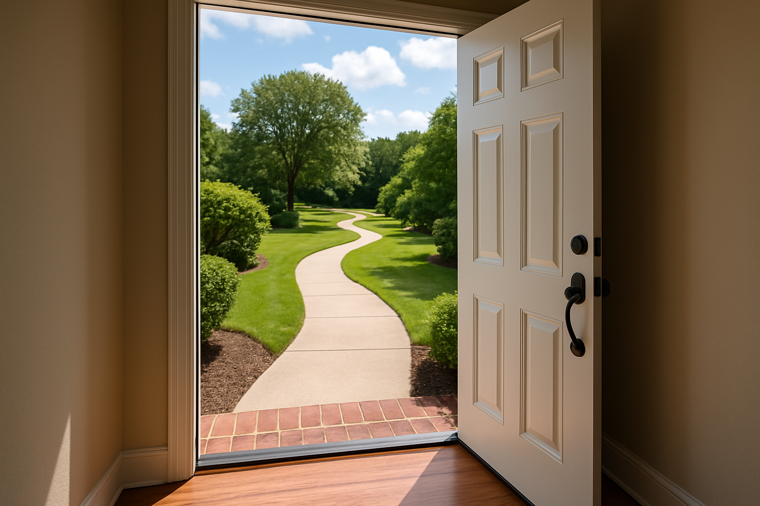 An open front door reveals a winding concrete pathway leading through a lush, green yard with manicured landscaping and mature trees under a bright blue sky. The scene symbolizes new opportunities and a welcoming market for homebuyers, captured from inside a home with warm hardwood floors and soft natural light.