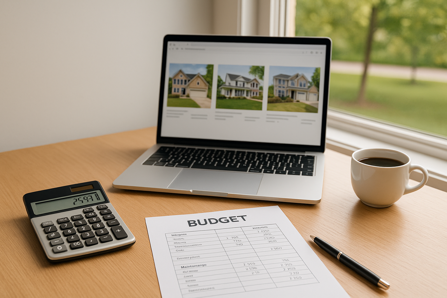 A clean home office desk featuring a laptop displaying real estate listings, a printed household budget worksheet, a calculator, a pen, and a cup of black coffee, all positioned beside a bright window overlooking green trees—symbolizing the process of budgeting to buy a home in Raleigh, NC in 2025.