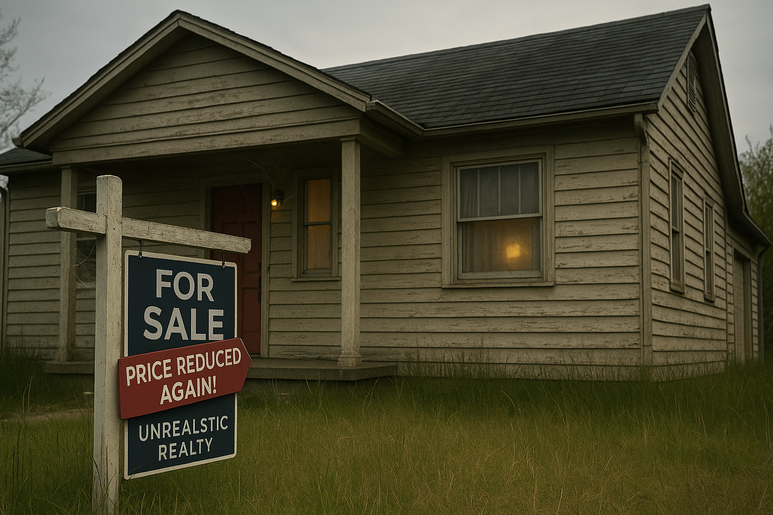 A dusty, worn-down house with overgrown grass and peeling siding sits behind a crooked “For Sale” sign. The sign includes a red rider that reads “PRICE REDUCED AGAIN!” and lists the brokerage as “UNREALSTIC REALTY,” humorously symbolizing poor pricing strategy and a failed home sale attempt.