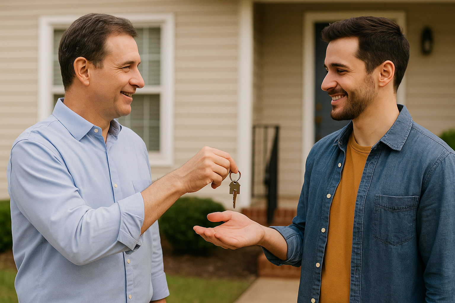A smiling father hands a house key to his adult son in front of a beige suburban home. The father wears a light blue shirt, and the son wears a mustard t-shirt and denim overshirt. The moment captures a symbolic transfer of homeownership between generations.