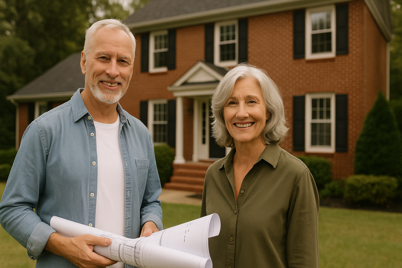 A smiling older couple stands in front of a two-story red brick home with black shutters. The man, with short white hair and a beard, wears a light blue button-up shirt over a white t-shirt and holds rolled architectural plans. The woman, with wavy silver hair, wears an olive green button-up shirt. The house has a gable roof, white trim, and a well-kept lawn.