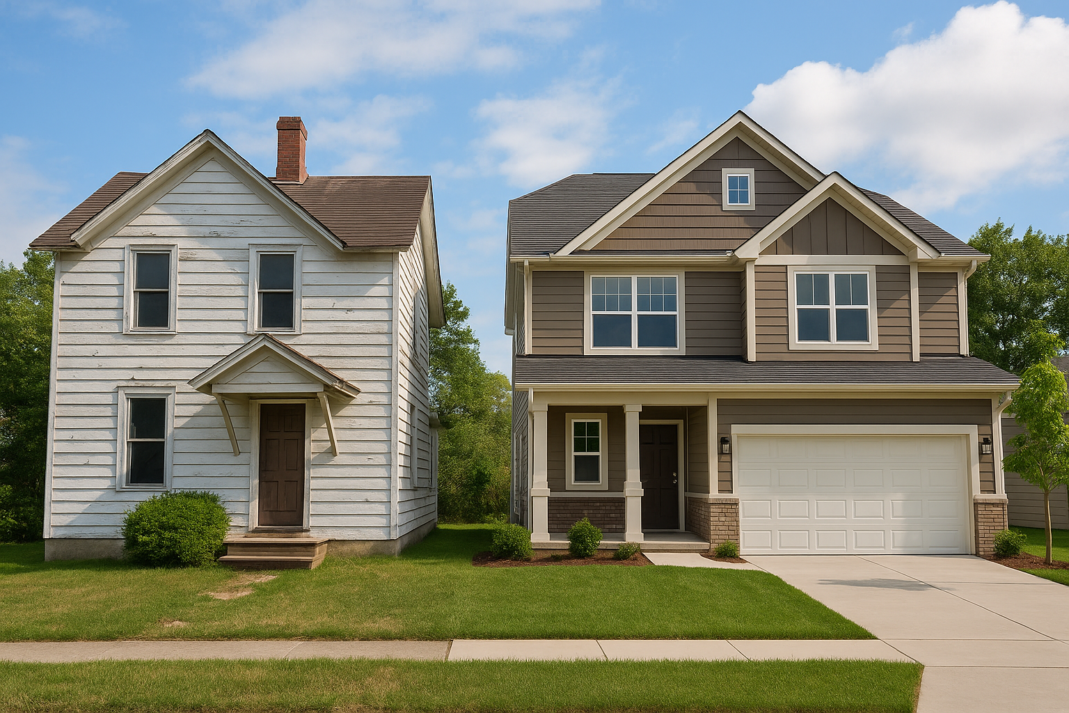 Side-by-side comparison of two suburban homes: on the left, an older, weathered two-story house with dated siding, and on the right, a modern new construction home with fresh paint, clean lines, and manicured landscaping under a bright blue sky.