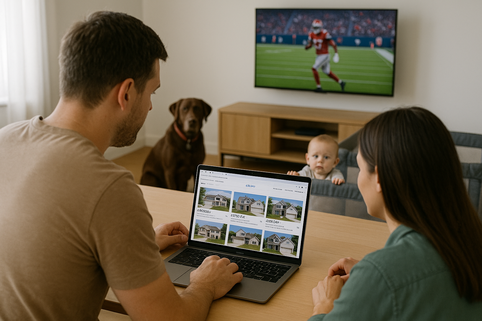 View from behind a young couple in their mid 30s sitting at a dining table in a modern apartment, browsing single-family homes on Zillow on a MacBook. In the foreground, a baby is in a pack-n-play, a brown Labrador sits nearby, and a football game plays on a flat screen TV mounted on the wall.