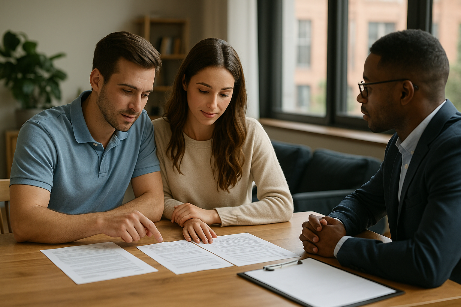 A young couple sits at a table comparing mortgage rate offers and loan terms with a lender in a modern office setting, symbolizing the importance of interviewing multiple lenders and shopping for the best rate when buying a home in the Triangle NC real estate market.